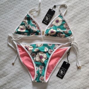 Wildfox 60s Bikini Teal Floral Print Large NWT